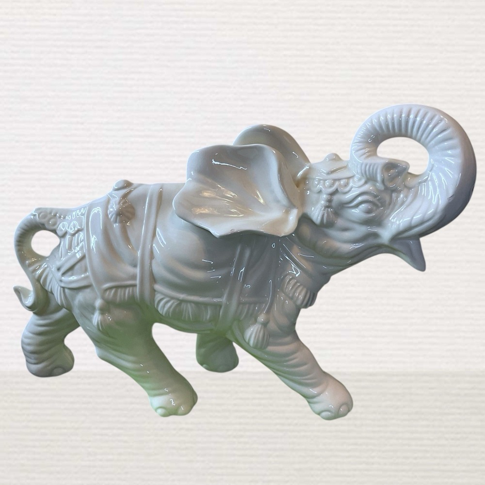 Vintage Glazed Ceramic Elephant Figurine Trunk Up 12"Stef GMA Feller 1979 Flaws
